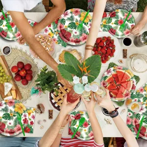 Hawaiian tropical leaf party disposable paper plates napkins forks cups set for summer events.