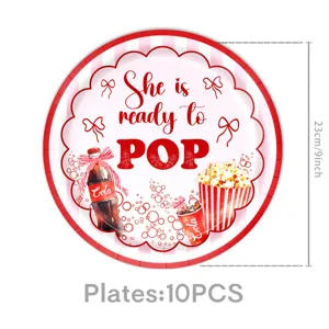 Rot-weiß gestreifte Babyparty Pappteller mit Cola und Popcorn Motiv, 23cm 10 Stück.
