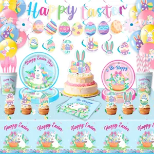 Osterfest Party Geschirr Set mit Papierstellern Bechern Servietten Tischtuch und Banner.