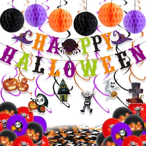 Set de decoración para fiesta de Halloween con banner bolas de panal remolinos y globos