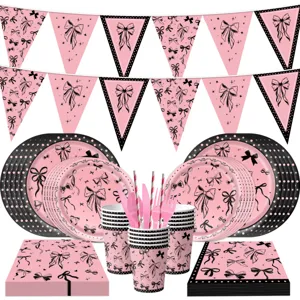Schwarz Rosa Schleife Thema Partygeschirr Pappteller Tassen Servietten Banner Tischdecke Für Mädchen Geburtstag Feier Deko