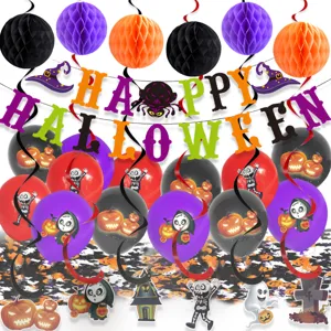 Set de decoración para fiestas de Halloween con bolas de panal, pancarta, globos y espirales