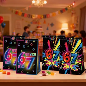 Detail view of colorful 67 theme paper gift bags, perfect for birthday parties and candy packing.