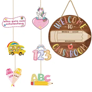 Panneau de Bienvenue en Bois pour la Rentrée Scolaire Décoration Suspendue Ronde pour Salle de Classe Motif Autobus Scolaire Licorne