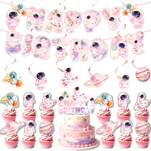 Rosa Galaxie Astronaut Themen Party Deko Set mit Bannern Spiralen und Kuchentoppern