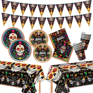 Mexikanische Tag Der Toten Party Dekorationen Zuckerschädel Pappteller Becher Servietten Tischdecke Banner Festartikel