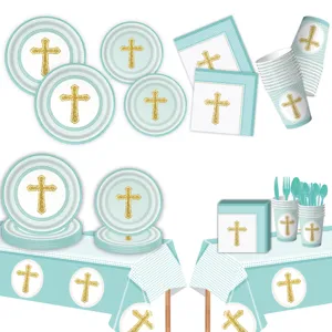 Blaues Taufe Party Geschirr Set mit goldenem Kreuz Design, Teller, Becher und Servietten.