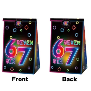 Details of 67 theme neon design paper gift bag, front and back view showing patterns.