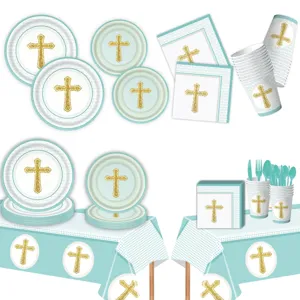 Blaues Taufe Kreuz Party Geschirr Set mit Papptellern, Bechern, Servietten und Tischdecke.