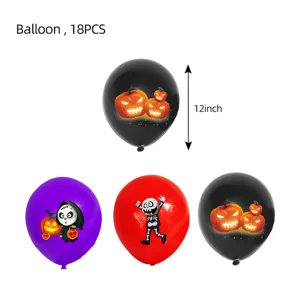 Nahaufnahme von bedruckten Halloween-Ballons mit 12 Zoll Größe und festlichen Motiven.