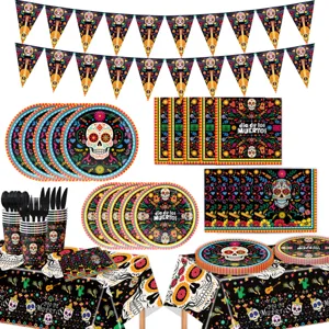 Tag der Toten Party Geschirr Set mit Totenkopf Papptellern, Bechern, Banner und Tischdecke.
