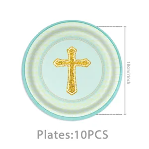 Blaue Taufe Party Pappteller mit goldenem Kreuz Design, ideal für religiöse Feiern und Feste.