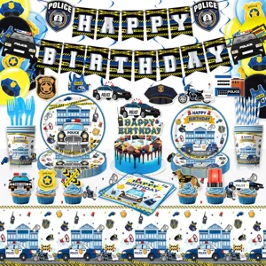 Cartoon Polizeiauto Thema Geburtstag Party Deko Set mit Teller, Bechern, Banner und Servietten.