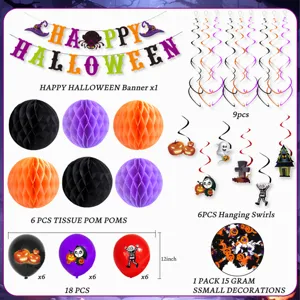 Conjunto de decoracion de fiesta de Halloween banner pompones globos confeti