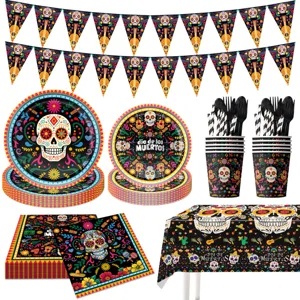 Tag der Toten Party Deko Set mit Totenkopf Teller Bechern Servietten Banner Tischdecke.