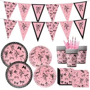 Rosa schwarze Schleife Partygeschirr Set mit Pappteller Becher Servietten und Wimpelkette.