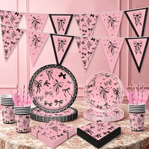 Rosa schwarze Schleife Party Geschirr Set mit Pappteller Becher Servietten und Banner.