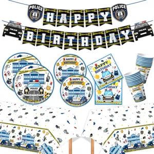 Cartoon Polizeiauto Thema Kinder Geburtstag Party Zubehör Set Pappteller Serviette Becher Tischdecke Banner Kuchen Deko