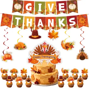 Detailansicht des Thanksgiving Partydeko-Sets mit Truthahn-Kuchendeckern und Girlanden.