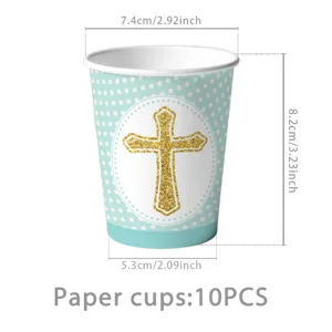 Blaue Taufe Pappbecher mit goldem Kreuz, 10 Stk. Partygeschirr für Taufpartys und Feste.