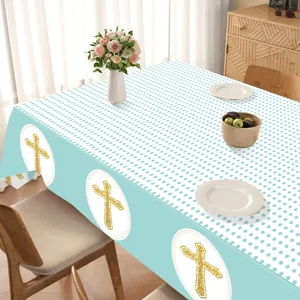 Blaue Taufe Party Tischdecke mit goldenem Glitzerkreuz und Punkten fuer feierliche Anlaesse