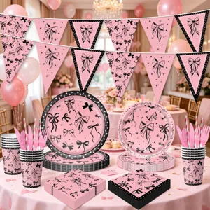 Rosa schwarze Schleife Partygeschirr Set Pappteller Becher Servietten fuer Feiern Deco.