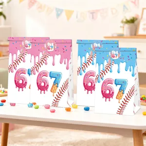 67th birthday party paper gift bags with baseball donut design, cute candy treat bags.
