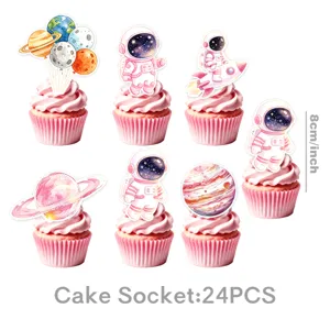 Set de 6 toppers para cupcakes de astronauta espacial rosa, decoración de tarta de planetas.