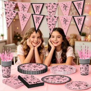 Rosa schwarze Schleife Party Geschirr Set Pappteller Becher Servietten Banner Dekoration