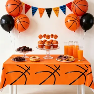 Basketball theme party disposable PE plastic tablecloth, perfect for sports events and celebrations.