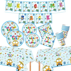 Willkommen Zurück in der Schule Thema Party Deko Blaues Gitter Pappteller Servietten Becher Tischdecke Schulbus Banner Pädagogische Feier Event Dekor