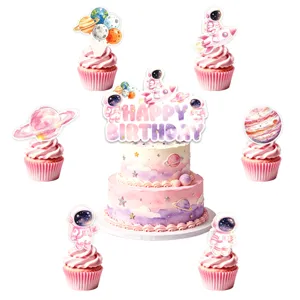 Set de decoracion de pastel con astronauta espacial tie-dye rosa para fiesta de cumpleanos.