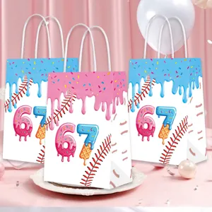 Birthday party gift paper bags with cute ice cream donut and baseball theme print.