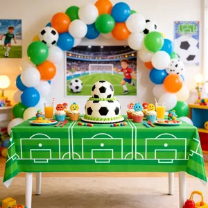 Green soccer field theme PE plastic disposable tablecloth for kids birthday party decorations.