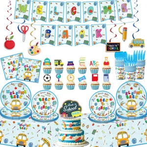 Komplettes Schulstart Party Deko Set mit Banner, Papptellern, Bechern und bunter Tischdecke.