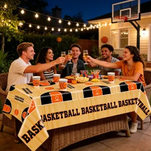 Basketball theme party plastic tablecloth detail scene, vibrant orange court lines design.