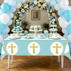 Blaue Taufe Party Tischdecke und Geschirr Set mit goldenem Kreuz Druck für Feste.