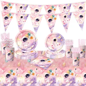 Rosa Galaxie Astronaut Geburtstag Party Set Pappteller Becher Servietten Tischdecke Wimpelkette
