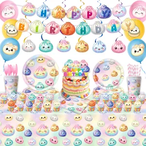 Niedliches buntes Teigtaschen Party Deko Set mit Papptellern, Bechern und Girlande.