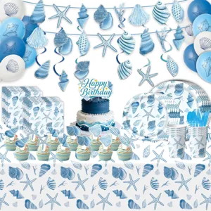 Blaue Ozean Party Deko Set Muschel Seestern Pappteller Becher Servietten Tischdecke Banner