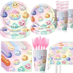 Niedliche bunte Dumpling Party Deko Set Details, Teller, Becher, Servietten und Tischdecke.