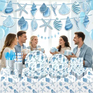 Sommer blau Ozean Muschel Seestern Party Set Pappteller Becher Servietten Tischdecke