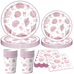 Rosa Muschel Party Geschirr Set mit Muscheln und Schleifen Design für Mädchen Geburtstage.