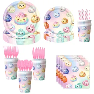 Niedliches buntes Teigtaschen Party Geschirr Set Pappteller Becher Servietten für Feier.