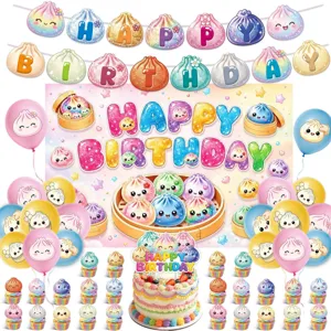 Süße Cartoon Baozi Geburtstag Party Deko Set mit Banner Luftballons und Tortenaufleger.