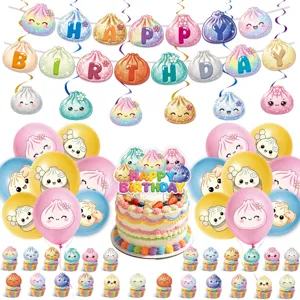 Niedliche Cartoon Teigtaschen Party Deko Set mit Girlande, Ballons und Kuchenaufleger.