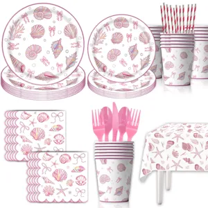Rosa Muschel Schleife Party Geschirr Set, inklusive Pappteller, Becher, Servietten und Tischdecke.