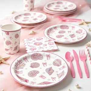Rosa Schleife Ozean Muschel Party Geschirr Set Detail mit Papptellern, Bechern, Servietten.