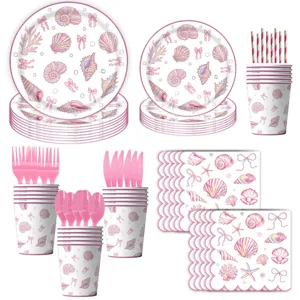 Rosa Schleife Ozean Muschel Party Pappteller Becher und Servietten Geschirr Set Detail