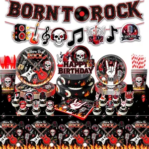 Rock Totenkopf Motto Party Geschirr Set mit Teller, Bechern, Tischdecke und Girlande für Feier.